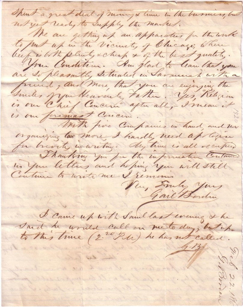 (CIVIL WAR.) GAIL BORDEN. Autograph Letter Signed, twice (Gail Borden and G.B.), to A.B. Marvin,